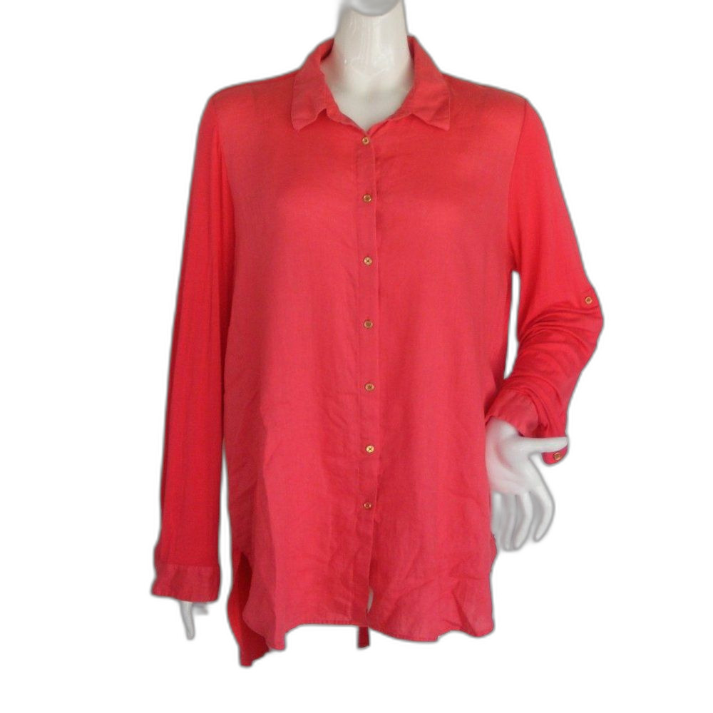 CALVIN KLEIN Top, XL, Linen/Jersey, LS, Salmon Pink, Convertible Roll sleeves